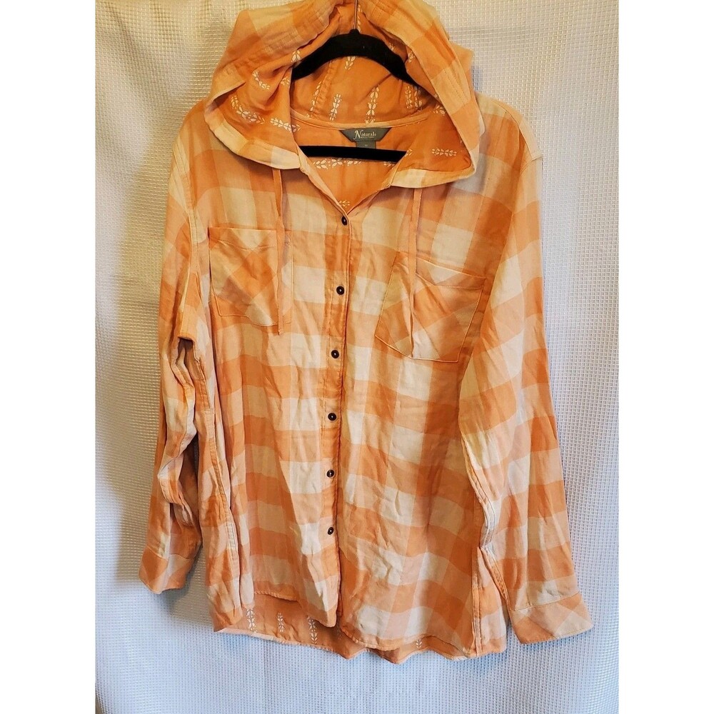 Natural Reflections Womens 1X Plaid Hooded Button Up Shirt Light Orange